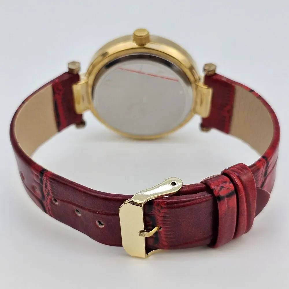 Women's Watch 38MM Cream Dial Roman‎ Numerals Red Faux Leather Bands New Battery